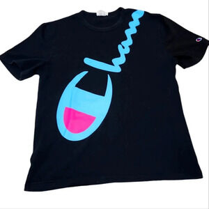 Champion Big Script Logo T-Shirt – Black w/ Neon Blue & Pink Graphic, Size M